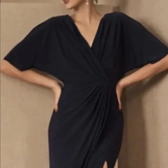 BHLDN Thorton Dress Maxi Gown Black Gathered Bodice Side Slit Pleating - Picture 2 of 6